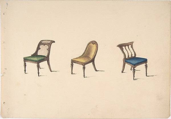 Design for Three Chairs with Slanted Backs  Green  Yellow and ,16x12