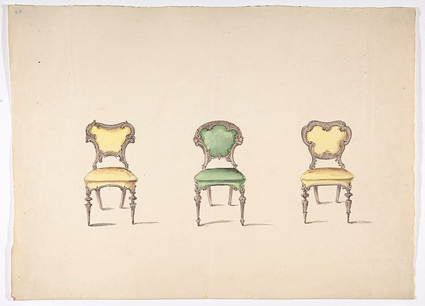 Design for Three Chairs Upholstered in Green and Yellow early ,16x12