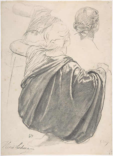 Studies of a Draped Female Figure  Kneeling  Seen from the Bac,  Poster Print Wall Art