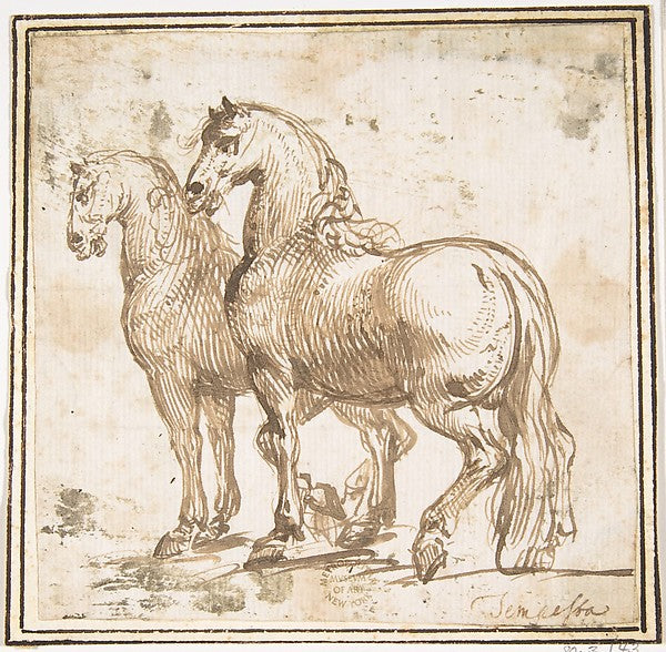 Two Horses 1624–63-attributed to Francesco Allegrini  1615/20–,  Poster Print Wall Art
