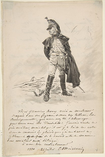 Letter to Samuel P. Avery with a drawing of a military figure ,16x12