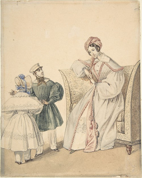 Fashion Drawing with a Woman Seated in a Chair with a Boy and,  Poster Print