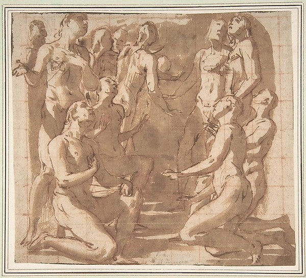 Group of Nude Male Figures Kneeling and Standing in Supplicati,  Poster Print Wall Art