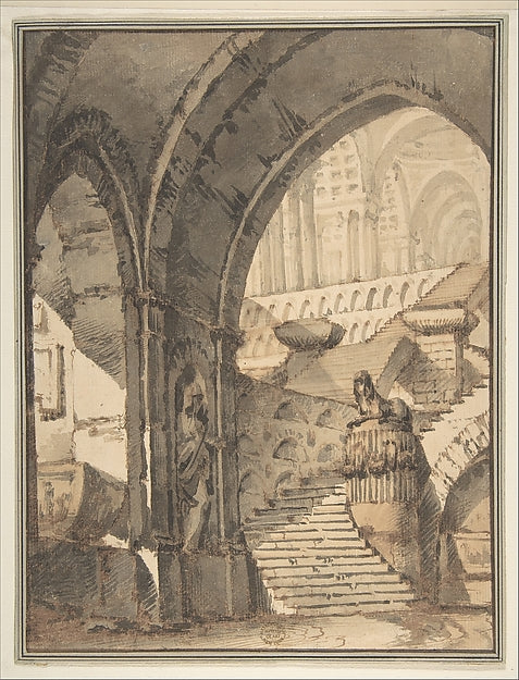 Framed Design for a Stage Set with Arches  Stairs  Human Figur,16x12"(A3) Poster