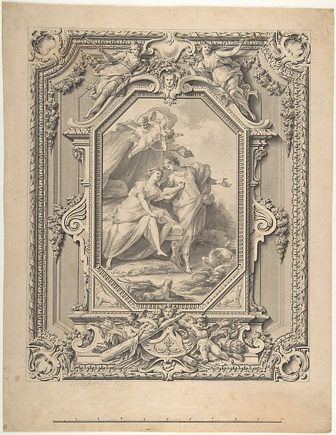 Design for a Sculptured Frame with Garlands and Statues and a,  Poster Print Wall Art