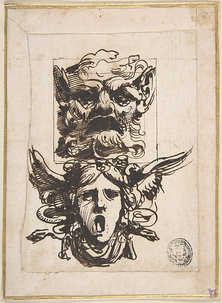 Design for Two Masks Shaped as Satyr and a Winged Medusa Head,16x12"(A3) Poster