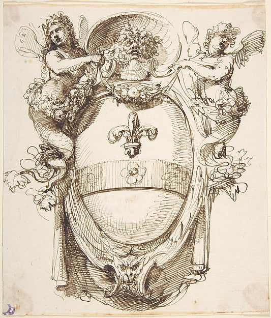 Design for a Cartouche flanked by winged Sirens with a Coat of,  Poster Print Wall Art