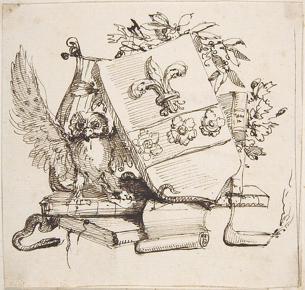 Drawing of a Decorated Coat of Arms surrounded by Books  Owl ,  Poster Print Wall Art