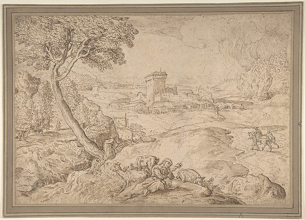 Landscape with an Old Woman Holding a Spindle 1500–1564-Domeni,16x12"(A3) Poster