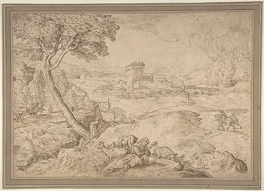 Landscape with an Old Woman Holding a Spindle 1500–1564-Domeni,16x12"(A3) Poster