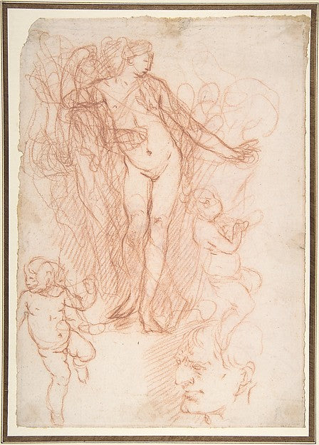 Figure Studies: Standing Nude Figure  Putti  and a Man's Head,16x12"(A3) Poster