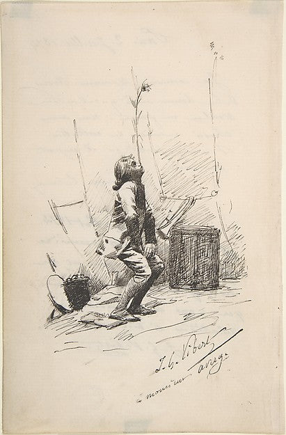 Boy Balancing a Tall Weed on His Nose c1874-Jean-Georges Viber,  Poster Print Wall Art