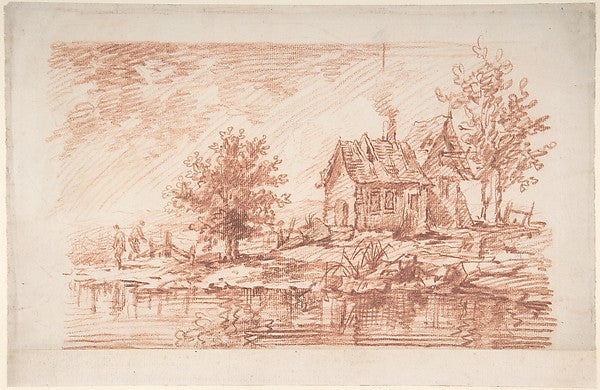 Farm House along a River  two figures at left n.d.-Attributed,  Poster Print Wall Art