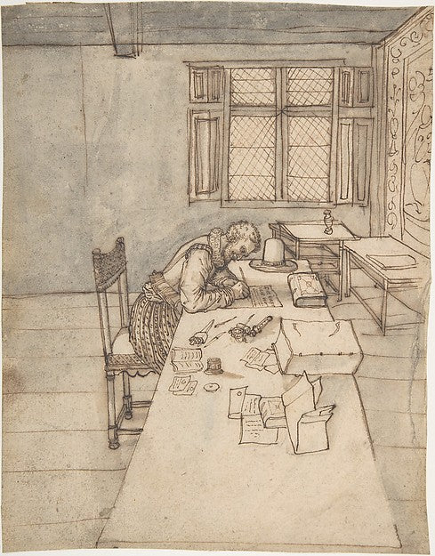 Interior with a Man Writing on a Long Table 16th cent-Anonymou,  Poster Print Wall Art