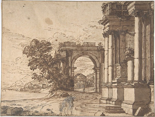 Landscape with Classical Architecture by a Lake 17th cent-Anon,16x12"(A3) Poster