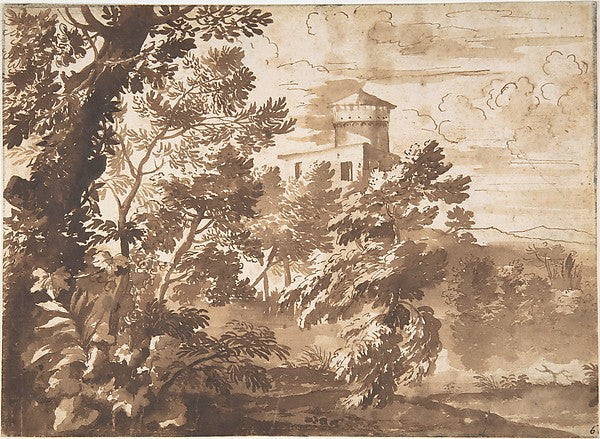 Wooded Landscape with a Tower 17th cent-Anonymous, French, 17t,  Poster Print Wall Art