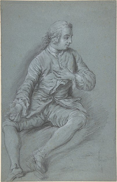 Young Man Seated on the ground with his left hand at his chest,  Poster Print Wall Art