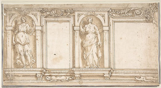 Design for Wall Decoration with Two Female Figures 16th cent-I,16x12"(A3) Poster