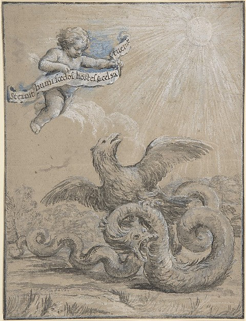 Design with an Eagle Fighting with a Serpent and a Putto in th, Poster Print