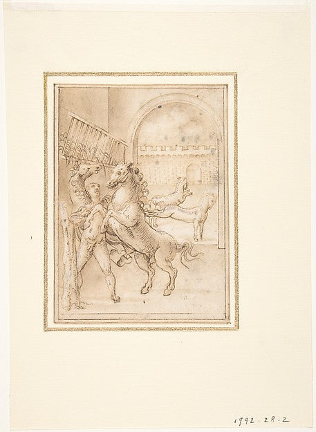An Allegory:  Male Nude in a Stable with Four Wild Horses c151,16x12"(A3) Poster