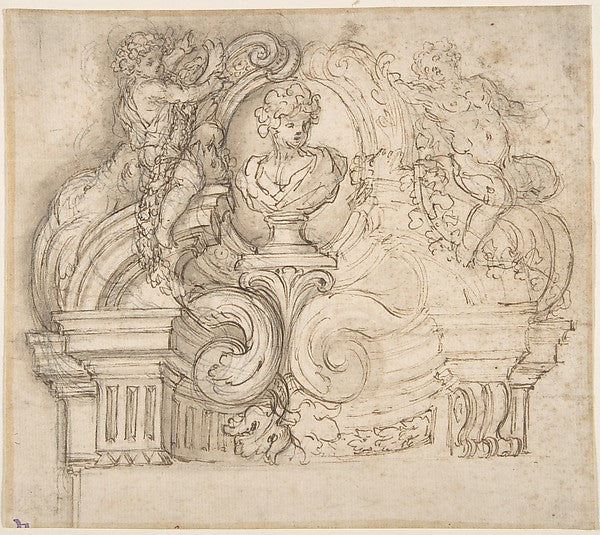 Design for an Overdoor or the Top of a Niche with a Bust and G, Poster Print