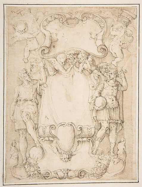 Drawing of Cartouche with Bearded Man Left  Young man crowned,  Poster Print Wall Art