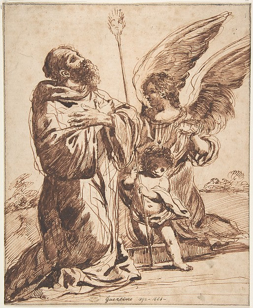 Saint with Angel and Putto n.d.-After Guercino ,  Poster Print Wall Art