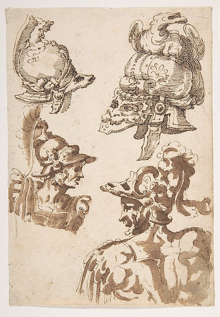 Studies of Two Helmets and of Two Soldiers Wearing Helmets 155,  Poster Print Wall Art
