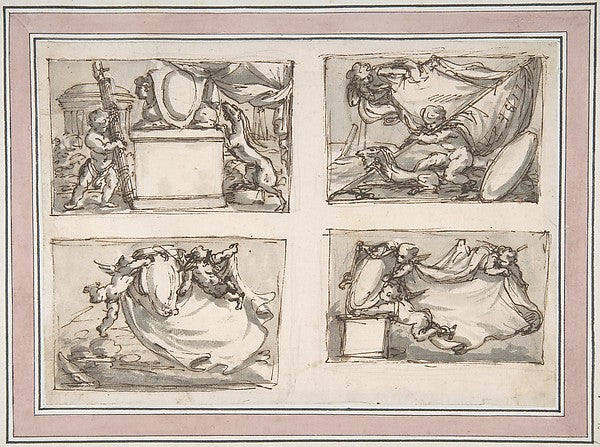 Four Sketches of Putti Hanging Coat of Arms 1702–86-Carlo Marc,  Poster Print Wall Art