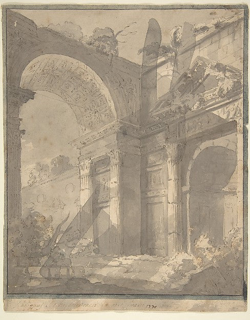 View of Ancient Roman Ruins  an Arch and a Triangular-Pediment,  Poster Print Wall Art