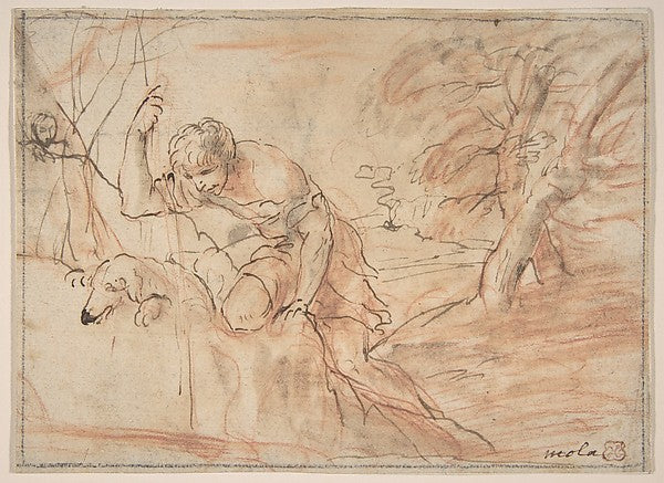Framed Sketch for a Man  a Dog and a Tree 1612–66-Pier Frances,  Poster Print Wall Art