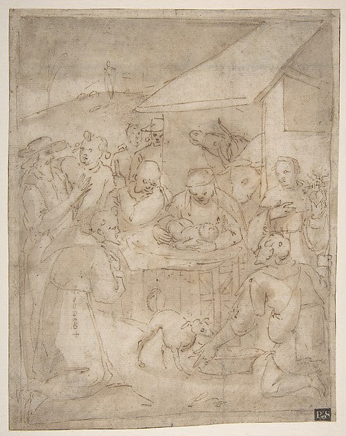 Adoration of the Shepherds 1554–1627-Attributed to Giovanni Ba,16x12"(A3) Poster