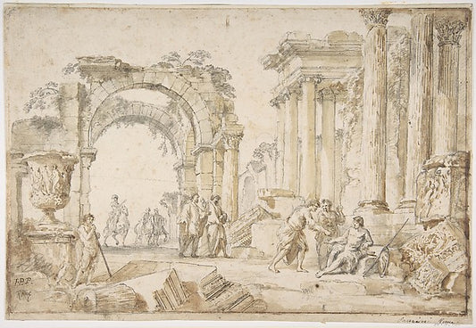 Figures in Classical Ruins 1691–1765-Giovanni Paolo Panini,16x12"(A3) Poster
