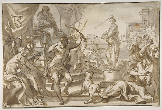 Male Figure with a Bow and Arrow Shooting at a Statue of a Wom,16x12"(A3) Poster
