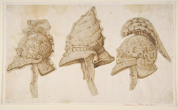 Three Designs for Helmets 16th cent-After Polidoro da Caravagg,  Poster Print