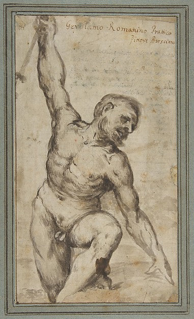 Nude Male Figure with Upraised Right Arm. 1550–60-Girolamo Rom,  Poster Print Wall Art