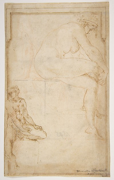 Two Figures in an Architectural Setting -  A Female Nude Seated,  Poster Print Wall Art