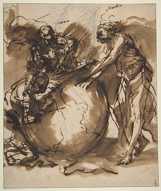 Three Figures around a globe 1615–73-Salvator Rosa  1615–1673,  Poster Print Wall Art