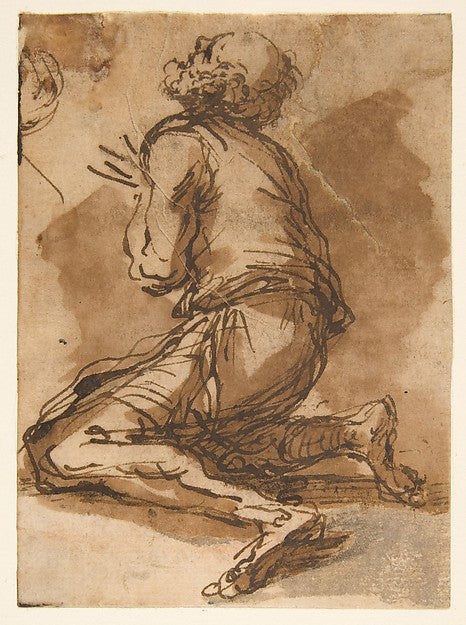 Old Man Kneeling Facing Upper Left 1615–73-Salvator Rosa  1615,  Poster Print Wall Art