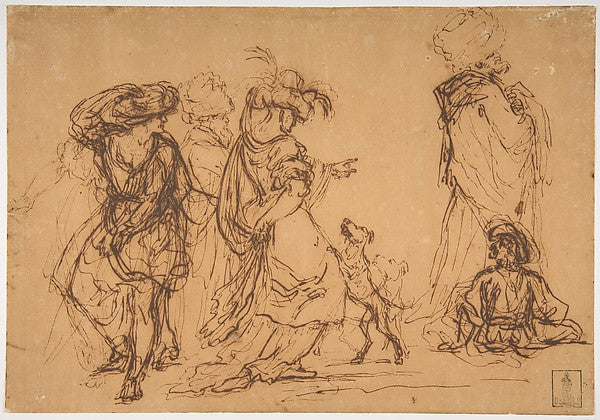 Five Figures in Fantastic Costumes with Two Dogs 1615–73-Salva,  Poster Print Wall Art