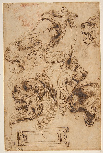 Six Studies of Animal Heads and of a Cartouche 1527–96-Pellegr,16x12"(A3) Poster
