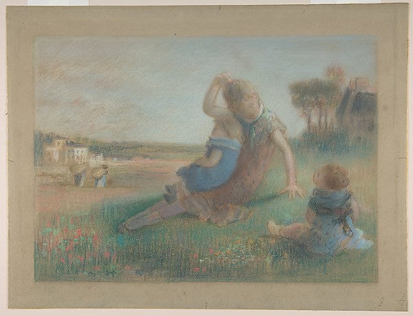 Three Children in a Landscape 1840–00-Charles-Emmanuel Serret,  Poster Print Wall Art