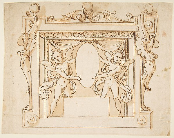 Drawing for a Memorial Tablet -  Two Winged Children Holding an,  Poster Print Wall Art