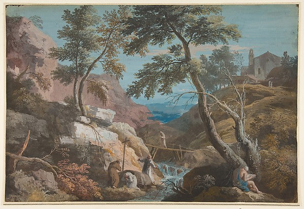 Mountainous Landscape with Hermits 1676–1730-Marco Ricci ),16x12"(A3) Poster