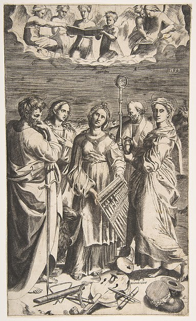 Saint Cecilia standing in the centre accompanied by Saint Paul,  Poster Print Wall Art