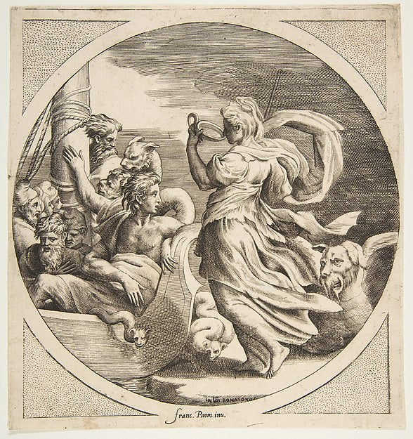 Circe drinking from a cup with the companions of Ulysses in a ,  Poster Print