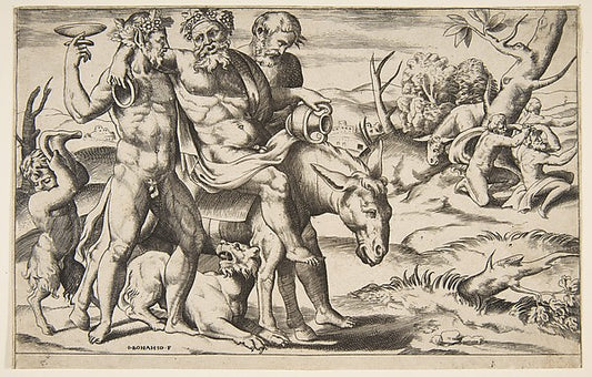 A drunken Silenus riding an ass being supported by satyrs 1531,16x12"(A3)Poster