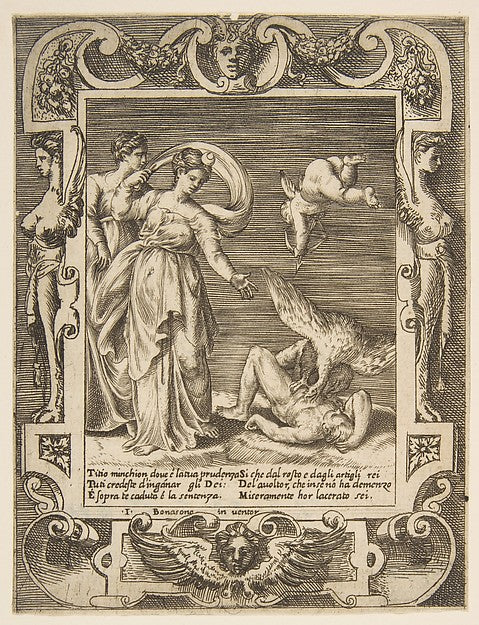 A vulture eating the innards of Titius  Cupid above two women ,16x12"(A3)Poster