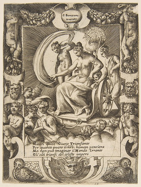 The triumph of Juno who is sat in a carriage  set within a ela,  Poster Print