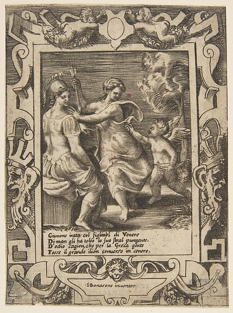 Athena seated near Juno who has taken away Cupid's arrows  set,  Poster Print